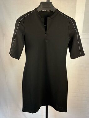 Artica-Arbox Stretch Woven Black Leather Trim Zip Neck Dress S